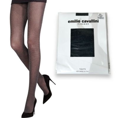 NWT Emilio Cavallini Black Silver Opaque Metallic Glitter Tights Sz. M-L 50 Den